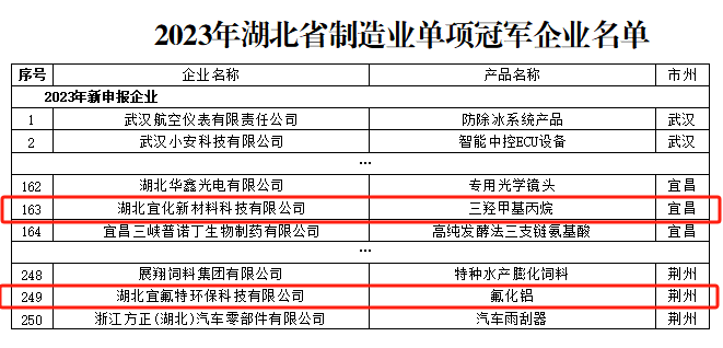 宜化新材料、宜氟特環(huán)保公司獲評2023年湖北省制造業(yè)單項冠軍企業(yè)(圖1)